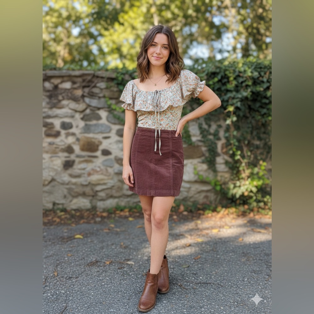 Free People Chocolate Corduroy Skirt & Floral Ruffle Bodysuit Bundle